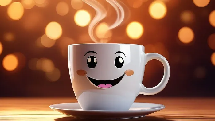 En glade tekanne med åben mund og åbenhed i øjnene, der puster op med damp på en skive.