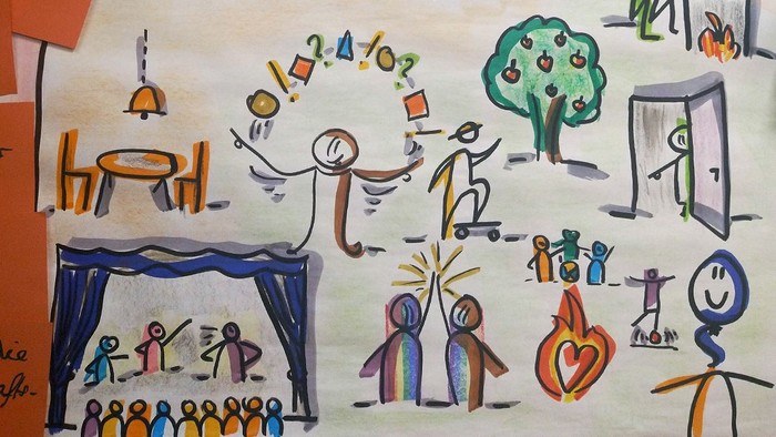 Das Bild zeigt verschiedene skurrile Figuren in unterschiedlichen Situationen und Aktionen.