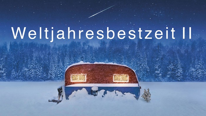 Weihnachtliche Winterlandschaft mit einem kleinen Haus und dem Text "Weltjahresbestzeit II"