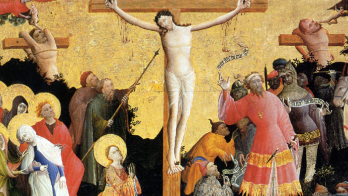 Billedet forestiller Kristus på korset omgivet af religiøse figurer og dyr.