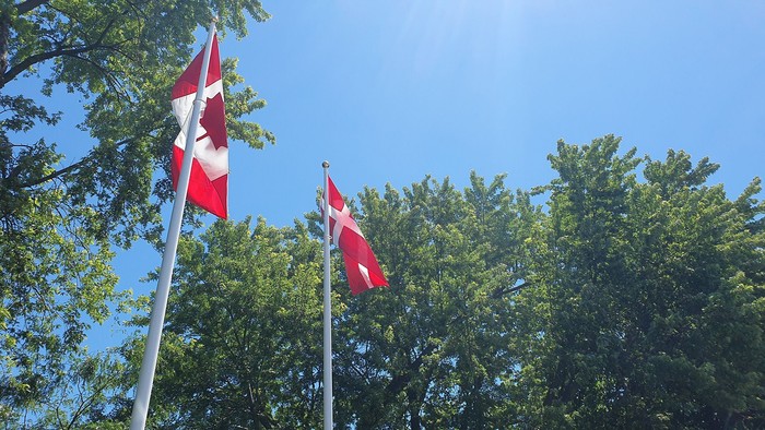 Three Canadian flags on poles against blue sky and green trees.