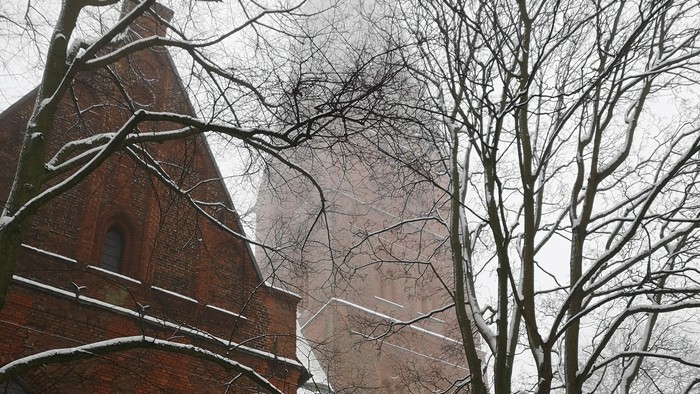 Schneebedeckte Bäume vor einer Ziegelkirche