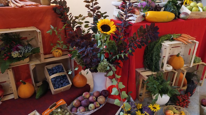 Bunter Obst- und Gemüsestand mit Blumen und Kräutern