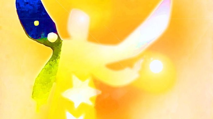 Ein gelbes Kleidungsstück mit blauen und weißen Sternen und einer Schleife