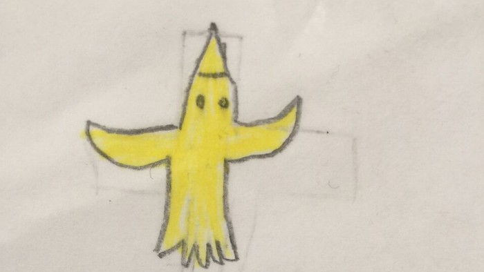 En tegnning af en gul banan med ansigt og arme.