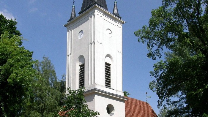 Weiße Kirche mit hohem Turm und spitzem Dach, umgeben von Bäumen