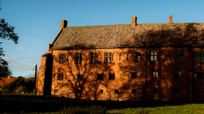 Det store og gamle teglsteinshus med tætte vinduer og skærmende træer.