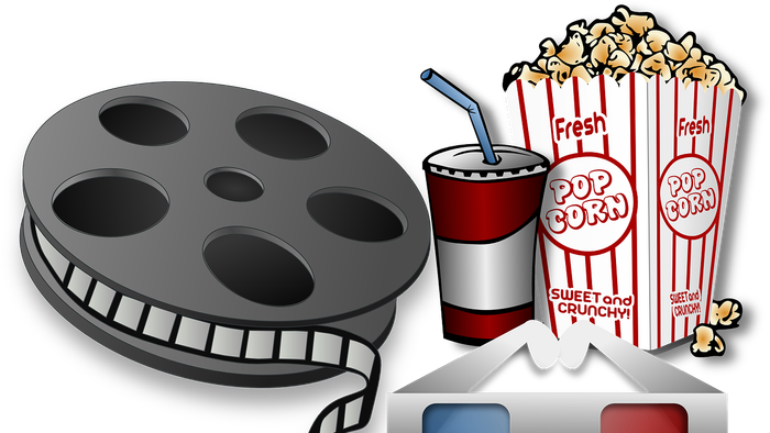 Billede af filmrulle, popcorn og 3D-briller