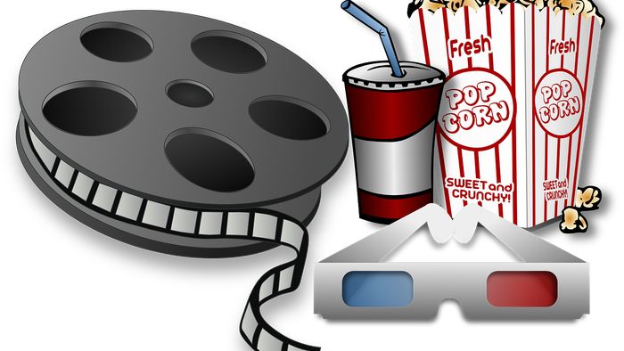 Billede af filmrulle, popcorn og 3D-briller