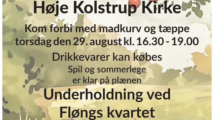 Poster for sensomerhygge arrangement på Høje Kolstrup Kirke