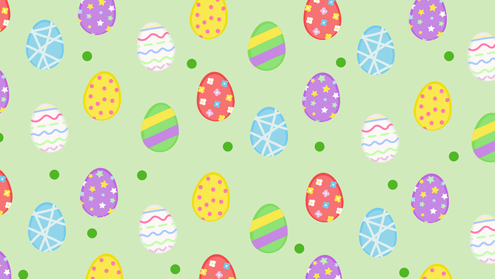 Billede af farvede påskeeg med mønstre på grøn baggrund
