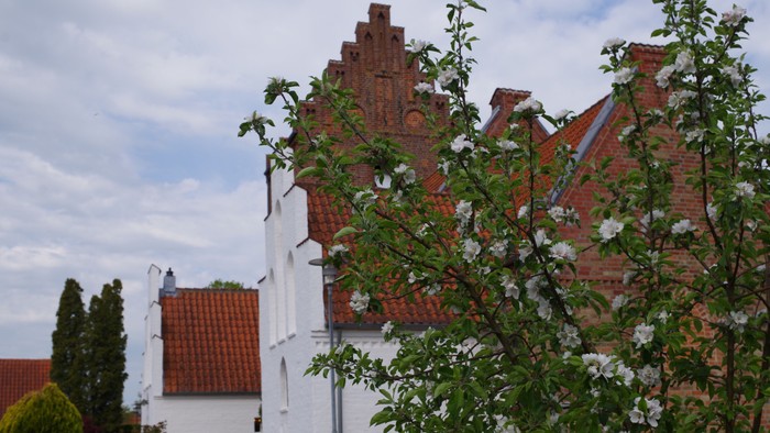 Et rødt teglvægget hus med blomsterbuske i forgrunden