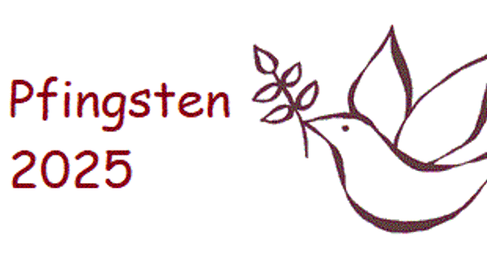 Eine Taube mit einem Olivenzweig, beschriftet mit *„Pfingsten 2025“*.