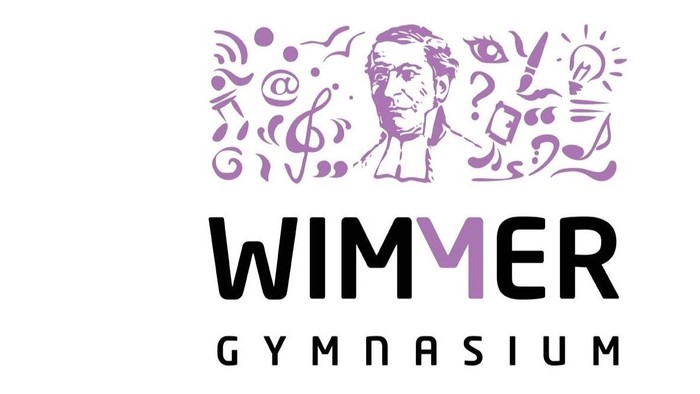 Das Logo zeigt einen Mann mit Musiknoten und dem Text "Wimmer Gymnasium".