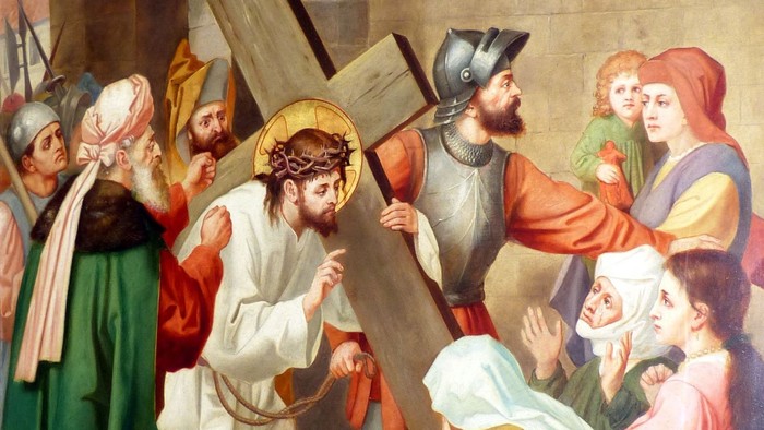 Das Bild zeigt eine religiöse Szene mit Jesus Christus und einer Gruppe von Menschen.