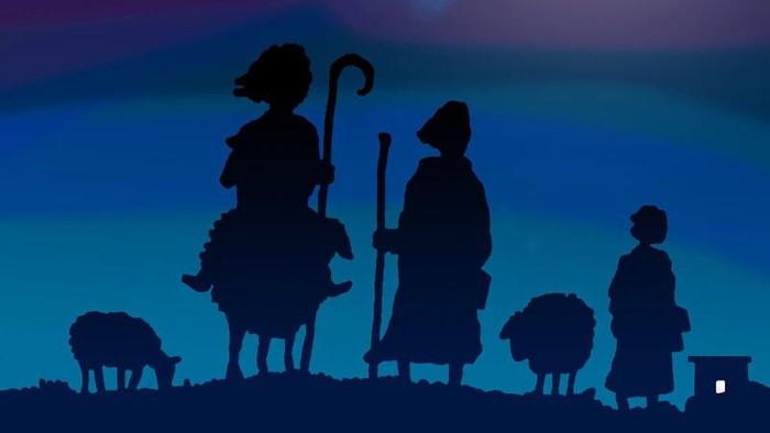 Drei Hirten mit Schafen unter Sternenhimmel