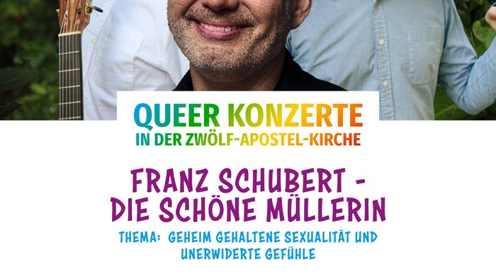Werbeplakat für ein kostenloses queeres Konzert mit Franz Schuberts *"Die schöne Müllerin"* in der Zwölf-Apostel-Kirche in Berlin.