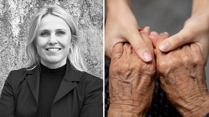 En kvinde i sort jakke og en person, der holder hånd med en ældre person