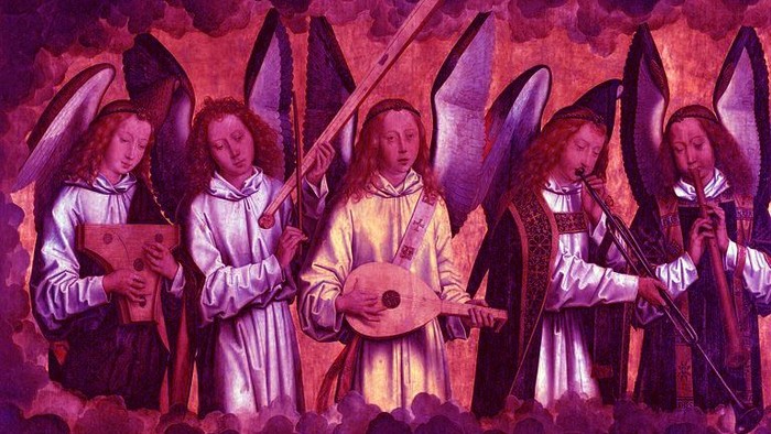 En gruppe engle spiller musik i himlen