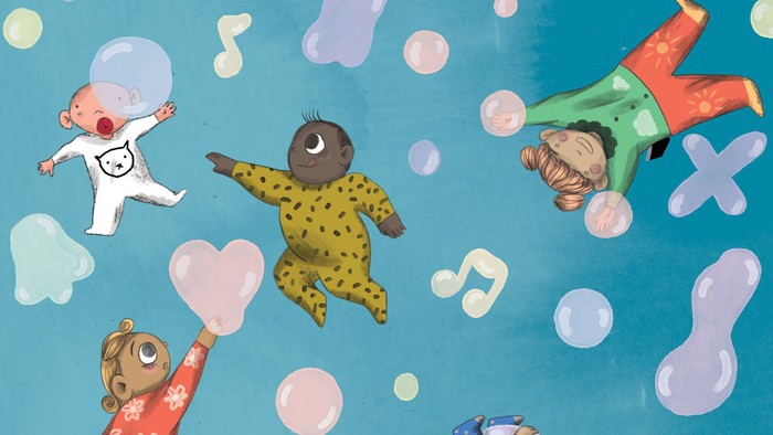 Børn flyver i en fantasiværld med boble og musiktegn.
