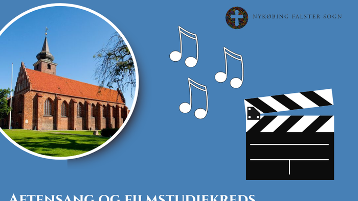 Billede viser kirke, noter og klapphammer med teksten "Aftensang og filmstudiekreds"
