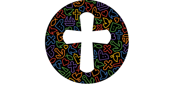 Billedet viser en farvelig kreds af symboler og former på sort baggrund.