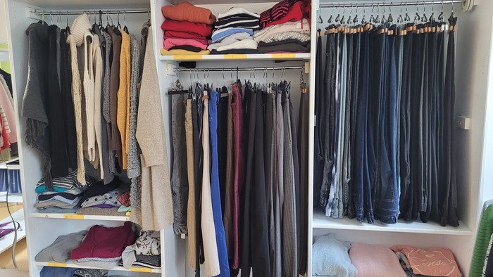 Ein gut organisierter Kleiderschrank mit ordentlich gefalteter und aufgehängter Kleidung, Accessoires und einer Topfpflanze.