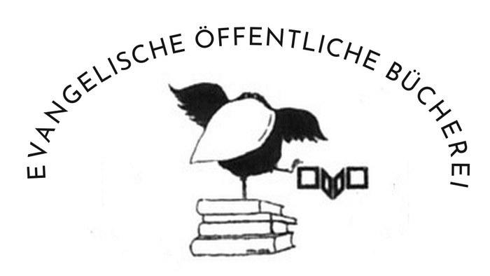 Ein Vogel mit Hut steht auf einem Stapel Bücher unter einem Bogen aus Text.
