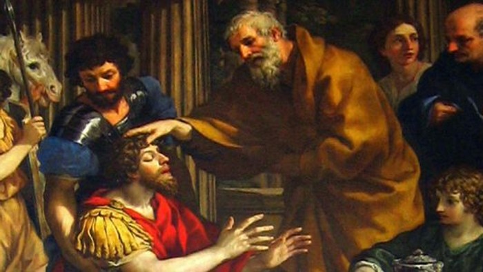 En maleri af en religiøs scene med flere figurer, der inkluderer en mand i guld farve og en kvinde i rød.