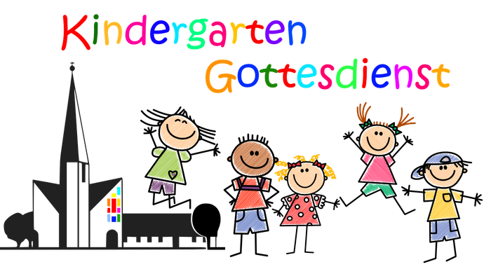 Vier Kinder stehen vor einem Gebäude mit Turm, darüber steht "Kindergarten Gottesdienst"