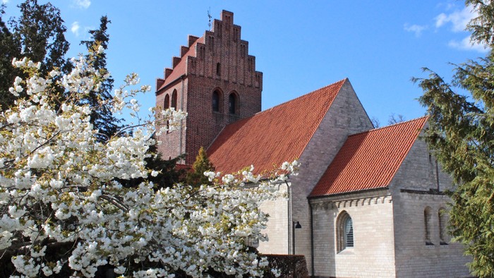 En kirke med røde tag og en tårn med blomstertræ foran