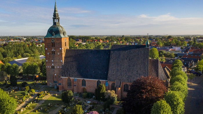 Große Kirche mit hohem Turm inmitten von Grünflächen und Wohngebäuden.