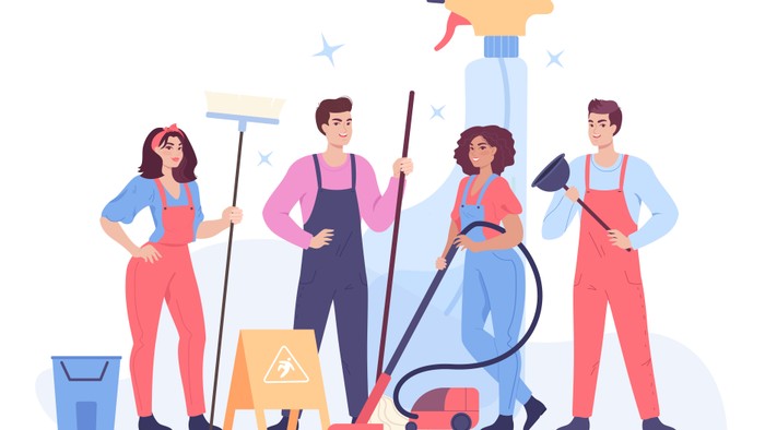 Ein Team von Reinigungskräften mit Putzutensilien wie Besen, Staubsauger und Eimern.