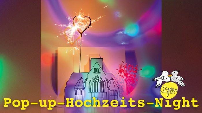 Bunter Feuerwerk-Nacht mit Schloss und Schriftzug "Pop-up-Rochzeits-Nacht"