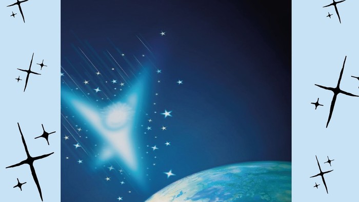 Ein Meteoriten-Einschlag auf der Erde, umgeben von Sternen und Lichtstrahlen