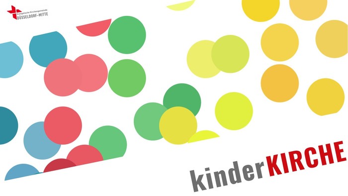 Bunte Kreise und Sprechblasen, darunter der Text "kinderKIRCHE"