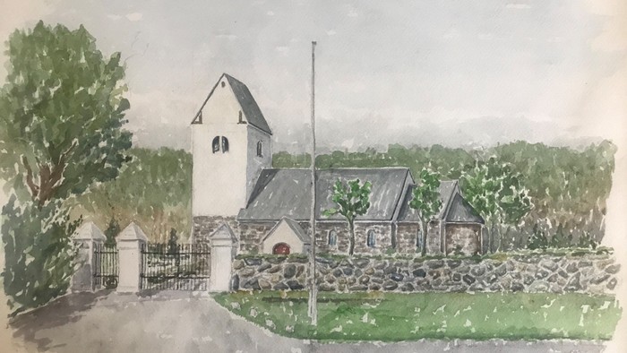 Vandmaleri af kirke med tårn og murstenet indhegning
