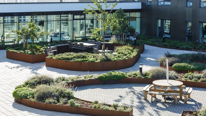 En moderne have med grønne planter og bænke foran et moderne bygning