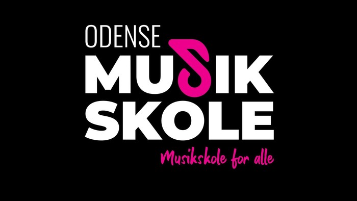 Odense Musikskole logo med sort baggrund og rosa og hvide elementer