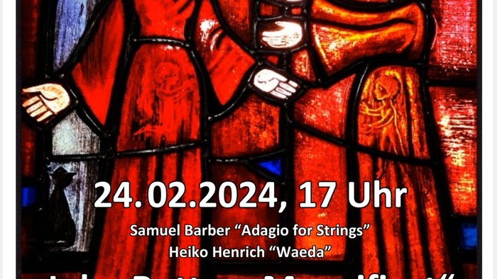 Poster für ein Konzert in St.-Katharinen Kirche am 24.02.2024 um 17 Uhr mit Werken von Samuel Barber und Heiko Heinrich.