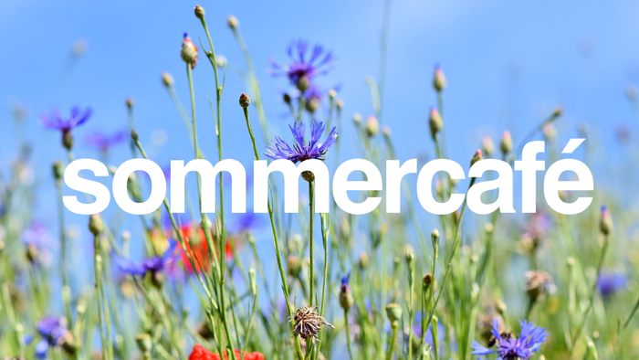 Sommercafé inmitten von blühenden Wiesen mit Kornblumen und Klatschmohn.