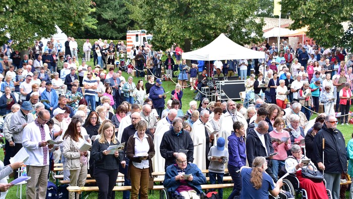 Große Menschenmenge auf einem Fest im Freien, viele stehen, einige sitzen auf Bänken, einige Menschen in Rollstühlen