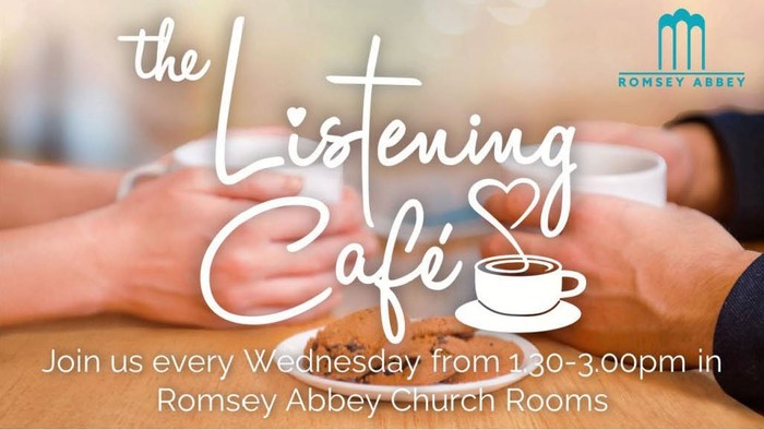 Advertisement for weekly listening cafe at Romsey Abbey Church Rooms