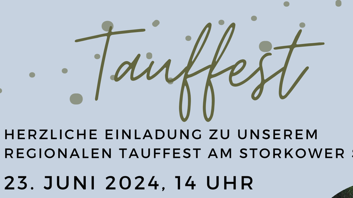 Einladung zum Tauffest am 23. Juni 2024, 14 Uhr, mit Gruppenfoto und Beschreibungstext