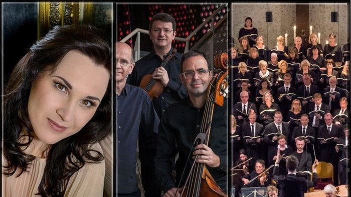 Ein Porträt einer Frau, eine Gruppe von Musikern mit Streichinstrumenten und ein großer Chor auf einer Bühne