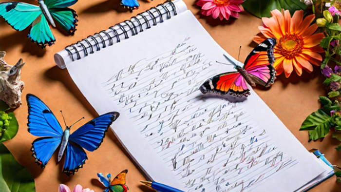 En openskrivet bog med håndskrevet tekst omgives af farverige blomster og sommerfugle.