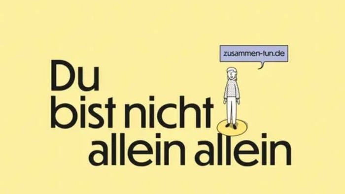 Ein Mensch steht auf einem gelben Kreis, darüber ein Sprechblase mit "zusammen-lun.de"