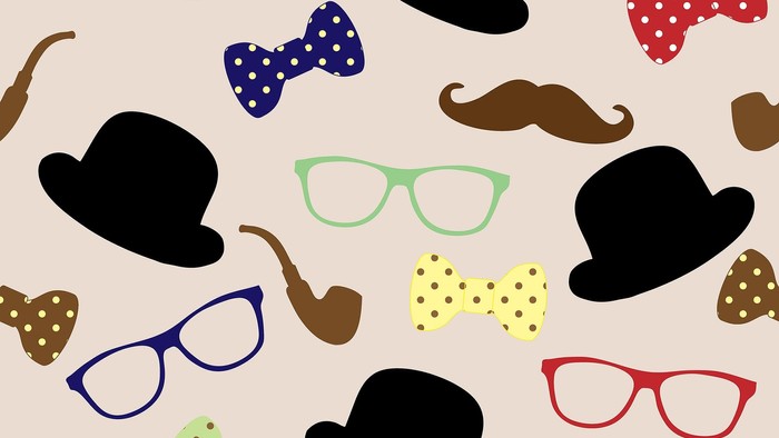 Billedet viser en mønstring af muser, briller, boller og pibe.