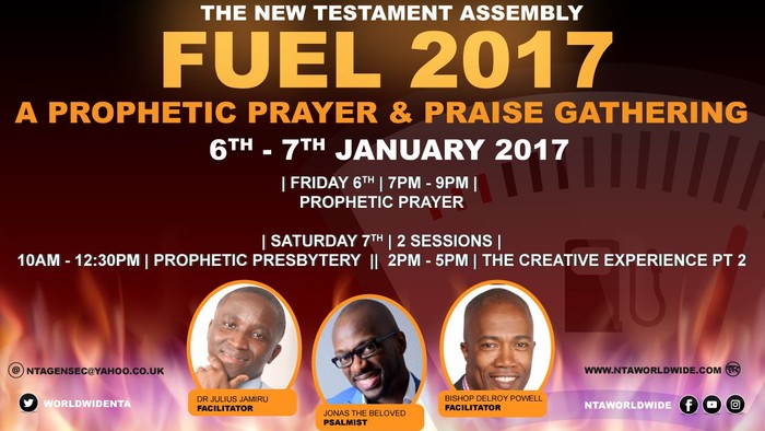 Event poster for "FUEL 2017" by The New Testament Assembly, featuring dates, times, and speakers.