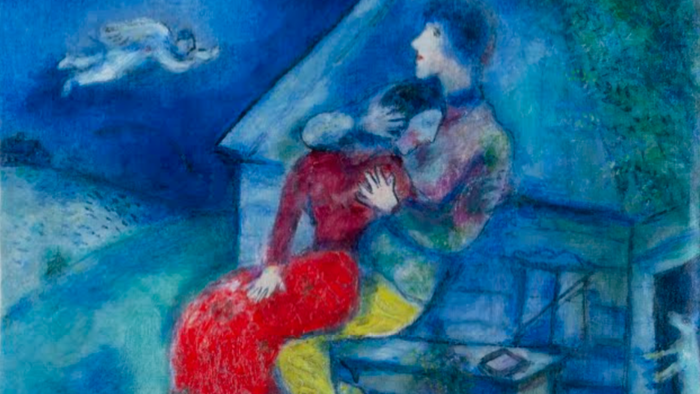 En maleri af en kvinde med et barn i en blå og rød farveskala